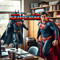 An image featuring Superman on the right side and Batman on the left side, both in a dynamic pose as if they are about to leap into action