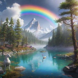 Create a fantastical scene with mythical creatures, a serene forest, and a rainbow over a crystal clear lake.