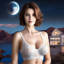 Create a photo of a sexy woman with short brown hair, aged 38, and a 40DD bust size