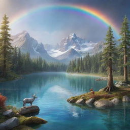 Create a fantastical scene with mythical creatures, a serene forest, and a rainbow over a crystal clear lake.