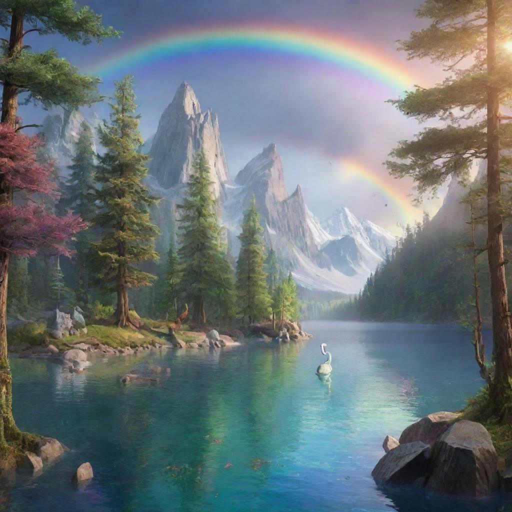 Create a fantastical scene with mythical creatures, a serene forest, and a rainbow over a crystal clear lake.