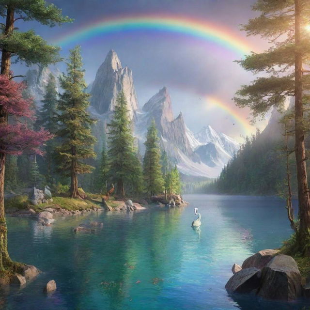 Create a fantastical scene with mythical creatures, a serene forest, and a rainbow over a crystal clear lake.