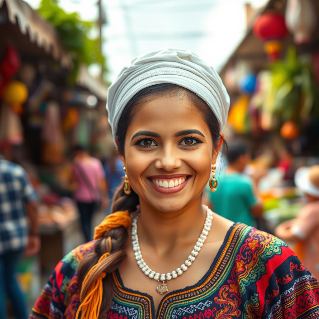 A portrait of a beautiful Latina woman with vibrant, expressive eyes and a warm smile