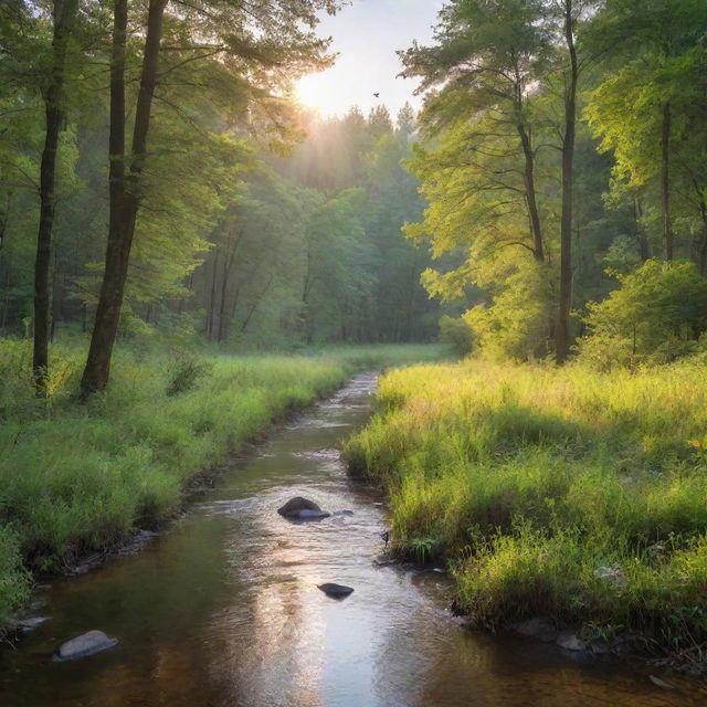 A serene landscape of an untouched forest with a running, crystal-clear stream surrounded by lush trees and chirping birds under a vibrant morning sky.