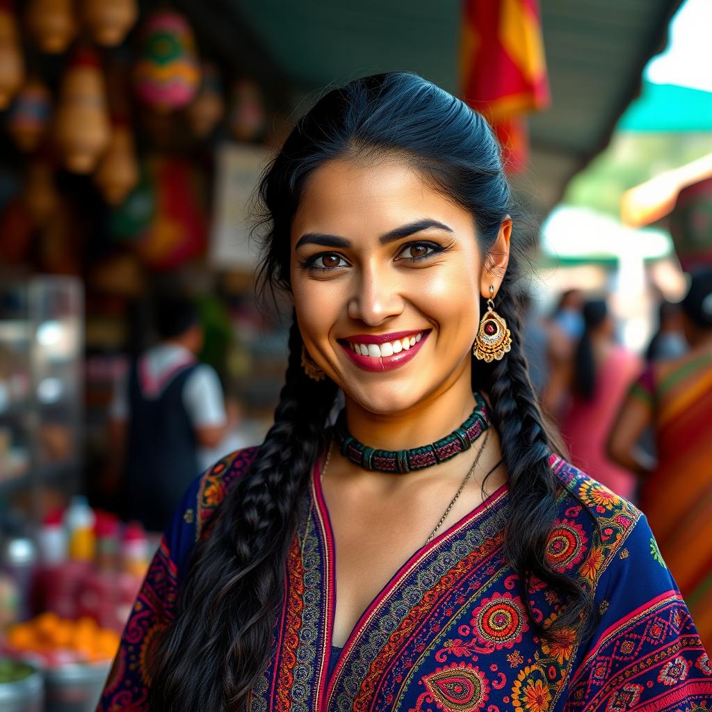 A portrait of a beautiful Latina woman with vibrant, expressive eyes and a warm smile