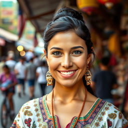 A portrait of a beautiful Latina woman with vibrant, expressive eyes and a warm smile