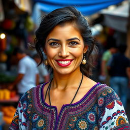 A portrait of a beautiful Latina woman with vibrant, expressive eyes and a warm smile