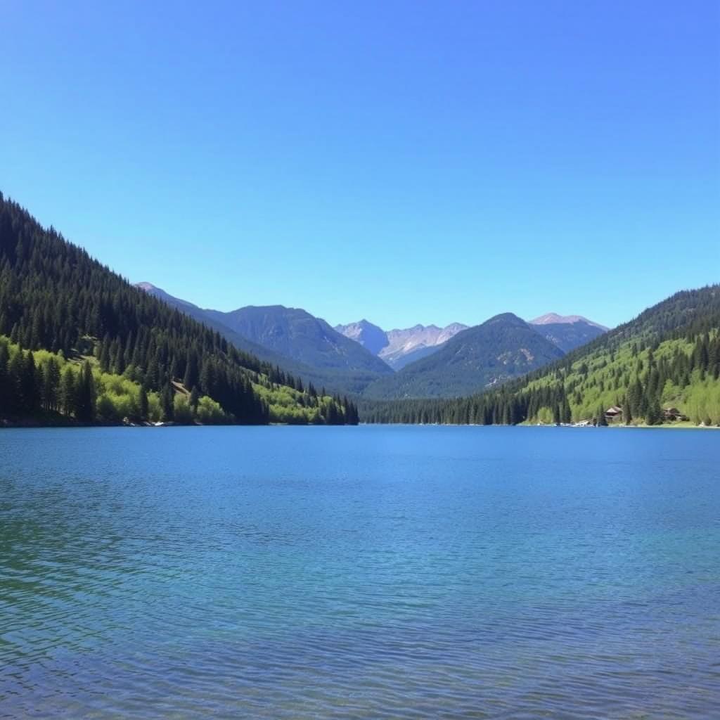 A beautiful landscape featuring a serene lake surrounded by lush green trees and mountains in the background under a clear blue sky