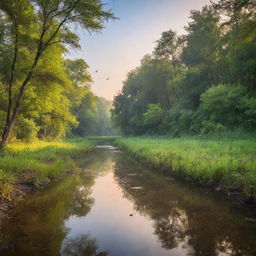 A serene landscape of an untouched forest with a running, crystal-clear stream surrounded by lush trees and chirping birds under a vibrant morning sky.