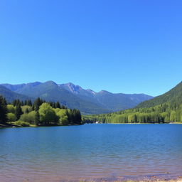 A beautiful landscape featuring a serene lake surrounded by lush green trees and mountains in the background under a clear blue sky