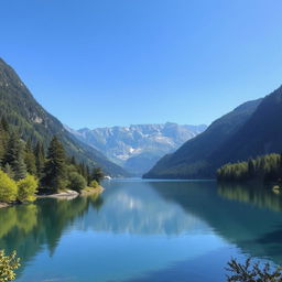 A beautiful landscape featuring a serene lake surrounded by lush green trees and mountains in the background under a clear blue sky