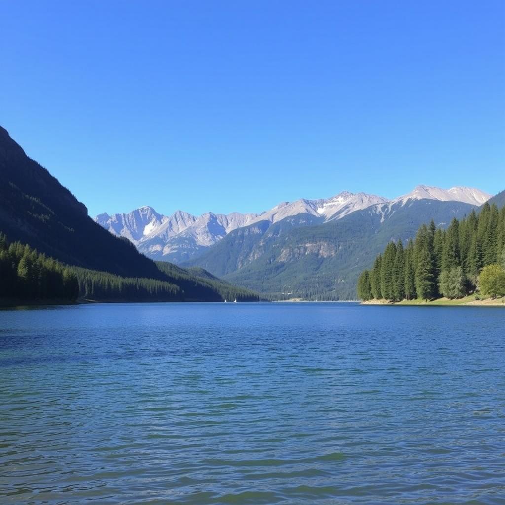 A beautiful landscape featuring a serene lake surrounded by lush green trees and mountains in the background under a clear blue sky