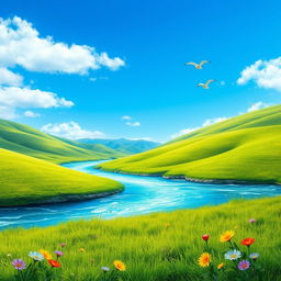 Create an image featuring a serene landscape with lush green hills, a clear blue sky, and a sparkling river flowing through the scene