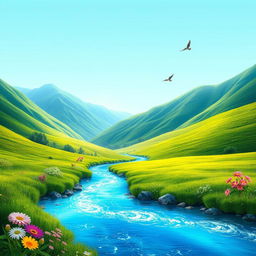 Create an image featuring a serene landscape with lush green hills, a clear blue sky, and a sparkling river flowing through the scene