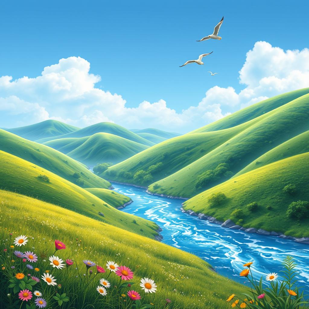 Create an image featuring a serene landscape with lush green hills, a clear blue sky, and a sparkling river flowing through the scene