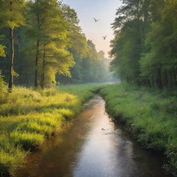 A serene landscape of an untouched forest with a running, crystal-clear stream surrounded by lush trees and chirping birds under a vibrant morning sky.