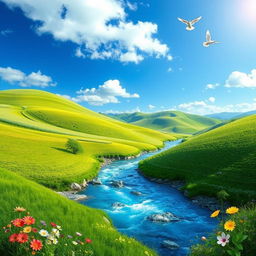 Create an image featuring a serene landscape with lush green hills, a clear blue sky, and a sparkling river flowing through the scene