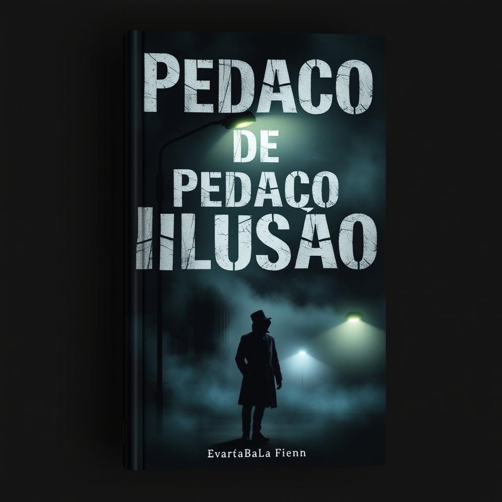 A dark and mysterious book cover for 'Pedaço de Ilusão' shows a city at night, shrouded in dense fog