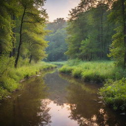 A serene landscape of an untouched forest with a running, crystal-clear stream surrounded by lush trees and chirping birds under a vibrant morning sky.