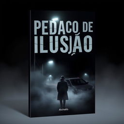 A dark and mysterious book cover for 'Pedaço de Ilusão' shows a city at night, shrouded in dense fog