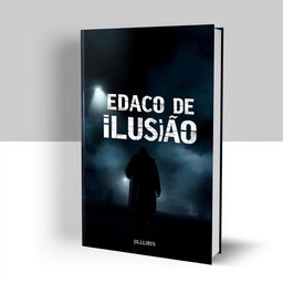 A dark and mysterious book cover for 'Pedaço de Ilusão' shows a city at night, shrouded in dense fog