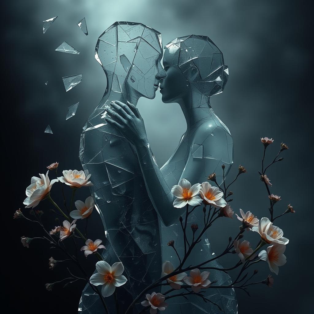 A poignant and emotional image of two broken souls intertwined together in a kiss