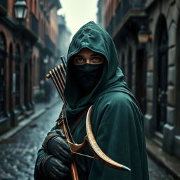 A man wearing a green hooded cloak and a black ninja face mask stands in a dark, raining Victorian cobblestone street