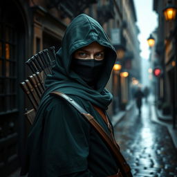 A man wearing a green hooded cloak and a black ninja face mask stands in a dark, raining Victorian cobblestone street