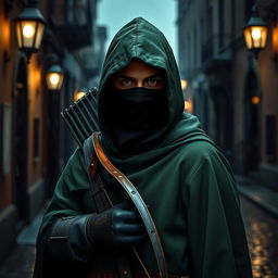 A man wearing a green hooded cloak and a black ninja face mask stands in a dark, raining Victorian cobblestone street