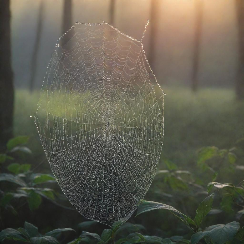 A serene early morning scene: dew-kissed cobwebs glittering in the first light of sunrise amidst a vibrant, tranquil forest.