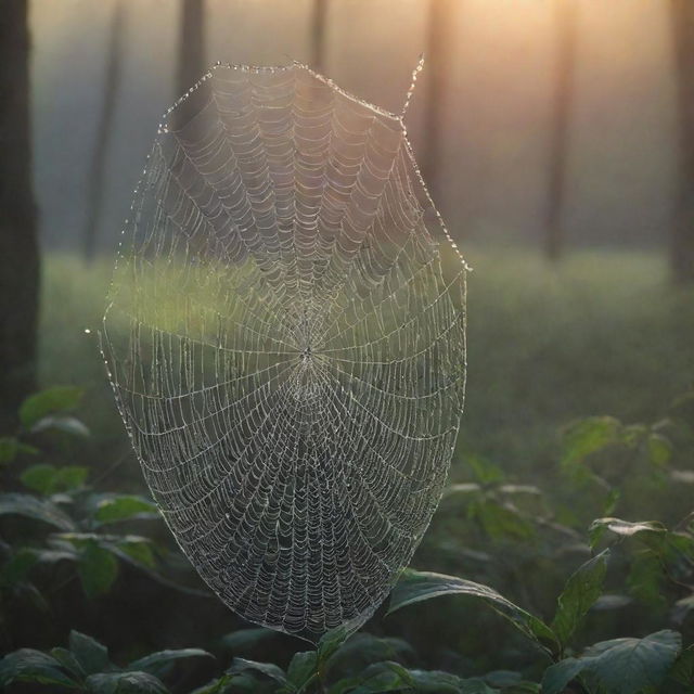 A serene early morning scene: dew-kissed cobwebs glittering in the first light of sunrise amidst a vibrant, tranquil forest.