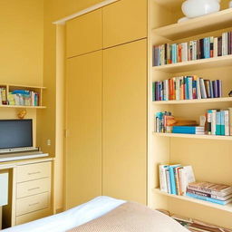 A soft light yellow room, complete with a cozy bed, functional study table, bookshelf filled with books, and a spacious cupboard.