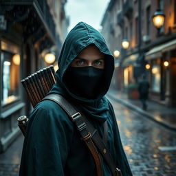 A man wearing a green hooded cloak and a black ninja face mask stands in a dark, raining Victorian cobblestone street