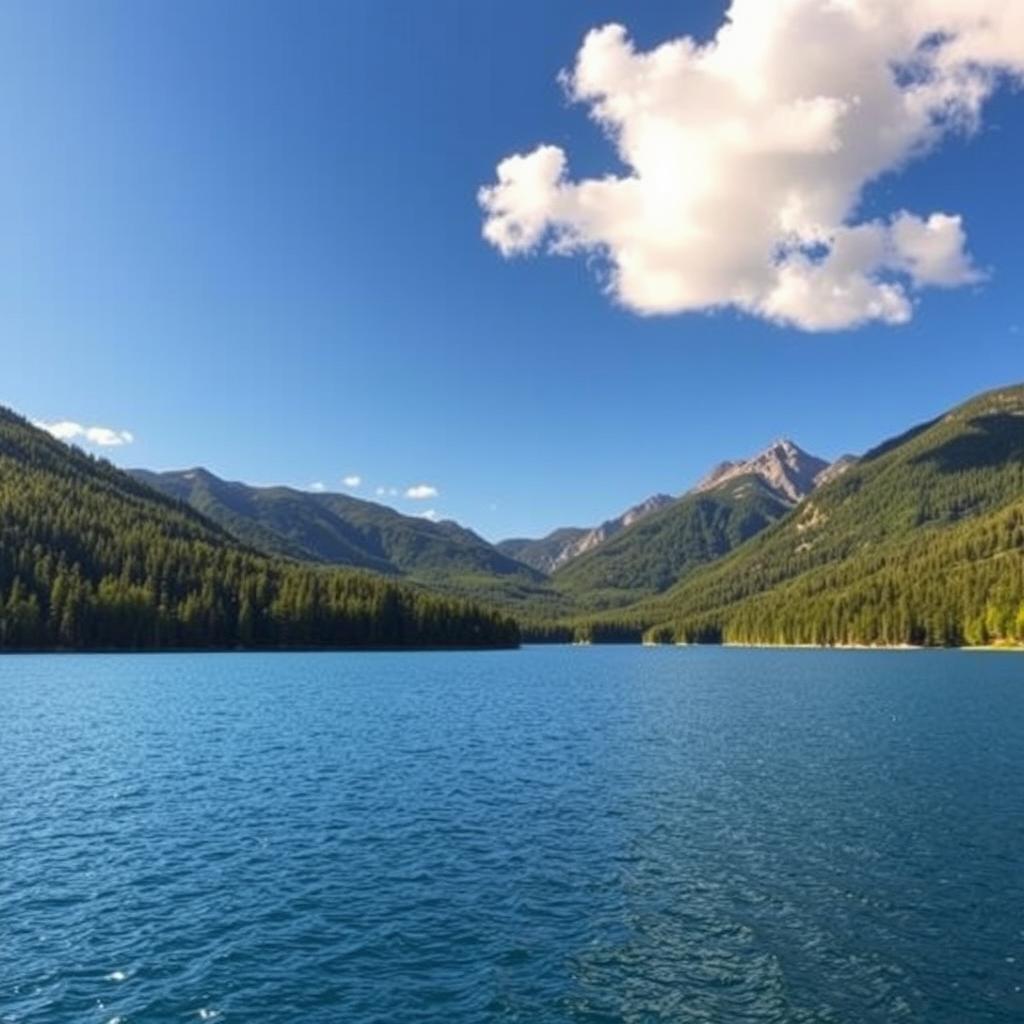 A beautiful landscape featuring a serene lake surrounded by lush forests and mountains in the background