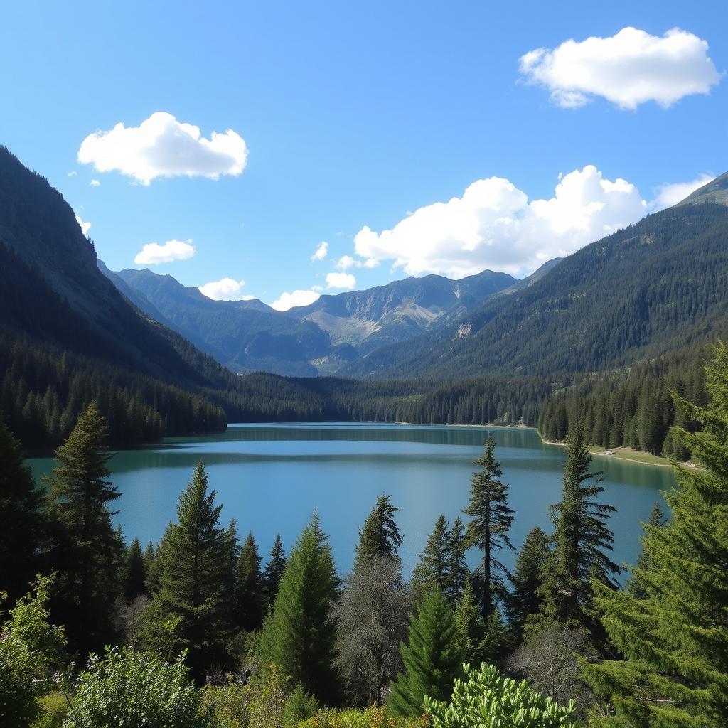 A beautiful landscape featuring a serene lake surrounded by lush forests and mountains in the background