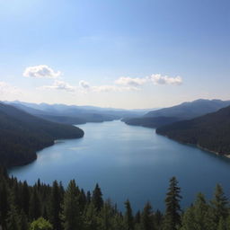 A beautiful landscape featuring a serene lake surrounded by lush forests and mountains in the background