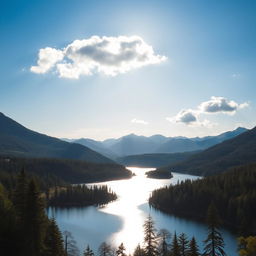 A beautiful landscape featuring a serene lake surrounded by lush forests and mountains in the background