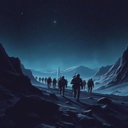 A sci-fi book cover illustration featuring space soldiers from an imperial army marching on a dark, rocky planet