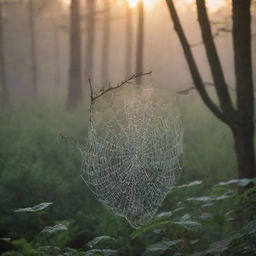 A serene early morning scene: dew-kissed cobwebs glittering in the first light of sunrise amidst a vibrant, tranquil forest.