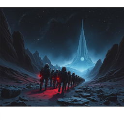 A sci-fi book cover illustration featuring space soldiers from an imperial army marching on a dark, rocky planet