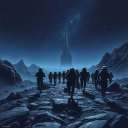 A sci-fi book cover illustration featuring space soldiers from an imperial army marching on a dark, rocky planet