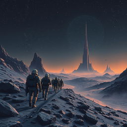 A sci-fi book cover illustration featuring space soldiers from an imperial army marching on a dark, rocky planet