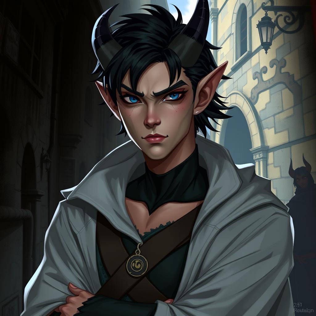 A 25-year-old male changeling rogue, depicted in a fantasy setting