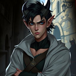 A 25-year-old male changeling rogue, depicted in a fantasy setting