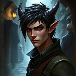 A 25-year-old male changeling rogue, depicted in a fantasy setting