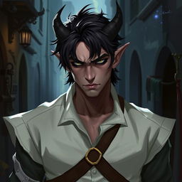 A 25-year-old male changeling rogue, depicted in a fantasy setting