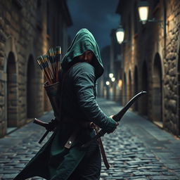 A man in a green hooded cloak, wearing a black ninja face mask, is sneaking through a cobbled medieval street at night