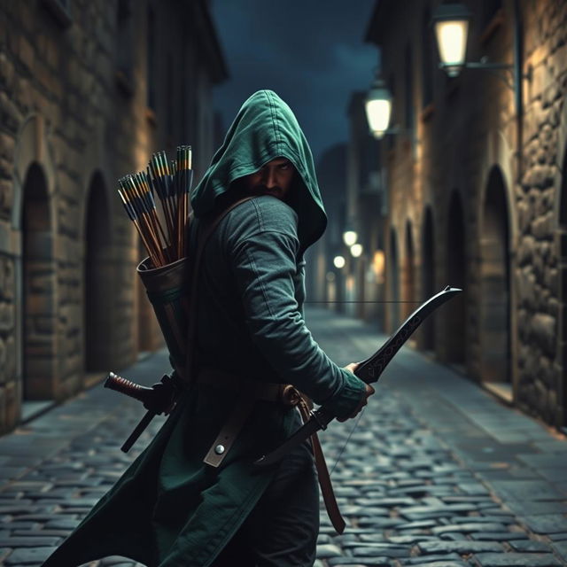 A man in a green hooded cloak, wearing a black ninja face mask, is sneaking through a cobbled medieval street at night