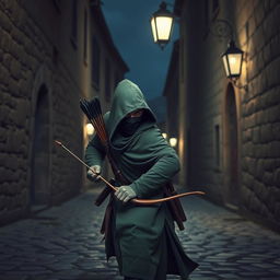 A man in a green hooded cloak, wearing a black ninja face mask, is sneaking through a cobbled medieval street at night