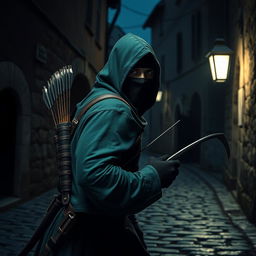 A man in a green hooded cloak, wearing a black ninja face mask, is sneaking through a cobbled medieval street at night